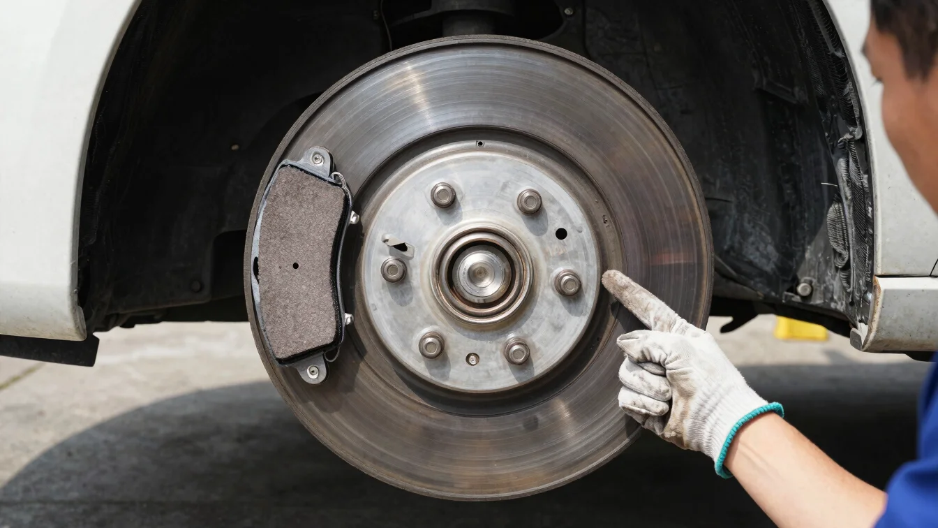 Close-up of a clean car brake assembly with new pads and rotor, technician's gloved hand pointing to a component, bright