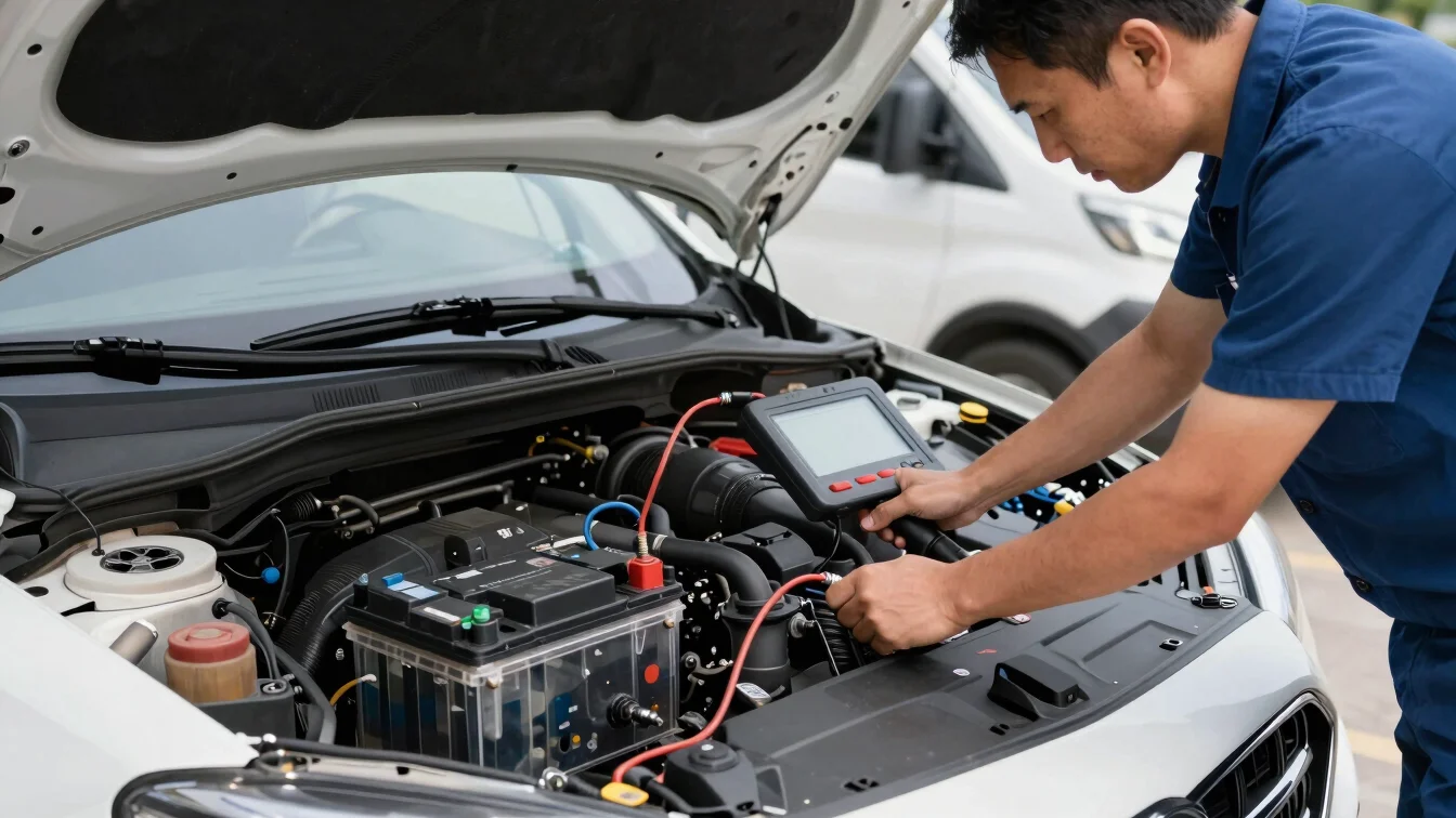 Automotive technician testing a car battery with diagnostic equipment in a car engine bay, mobile service van in backgro