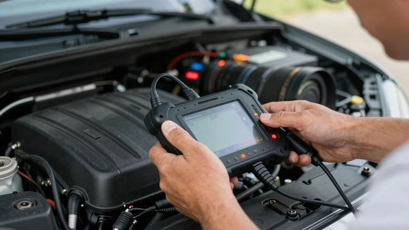 Close-up of a technician connecting an automotive diagnostic scanner to a car's engine, dashboard lights visible, bright