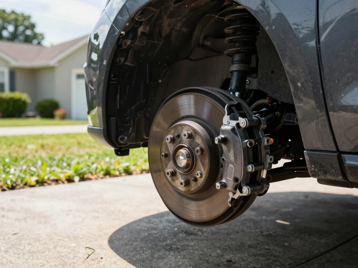 Mechanic replacing brake pads on a vehicle in a residential driveway, bright natural outdoor daylight, crisp sharp focus