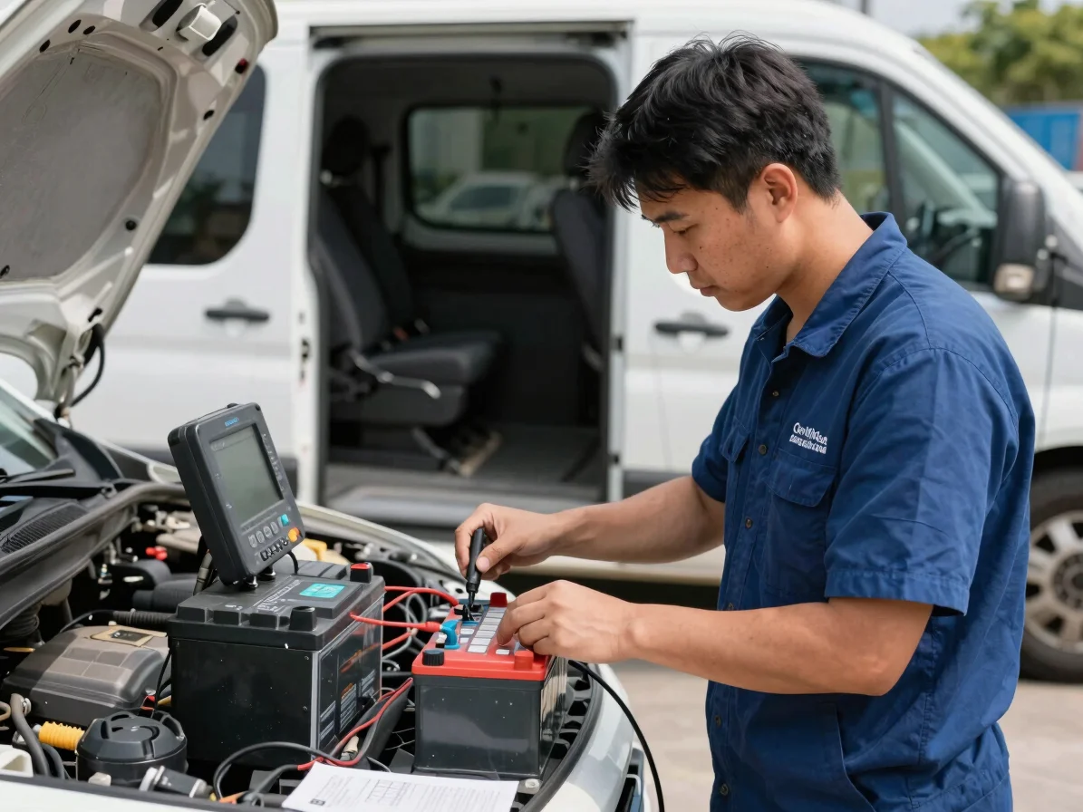 Certified technician performing on-site battery testing with diagnostic equipment, mobile service van in background, bri