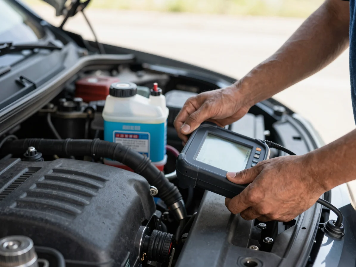 Close-up of a mechanic checking engine fluid levels with clean diagnostic equipment, engine components visible, bright n