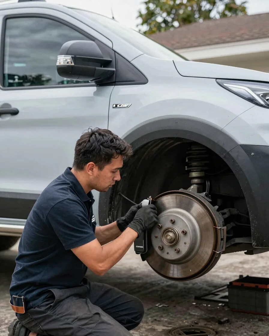 Professional mechanic performing brake inspection in a residential driveway, mobile service van in background, bright na
