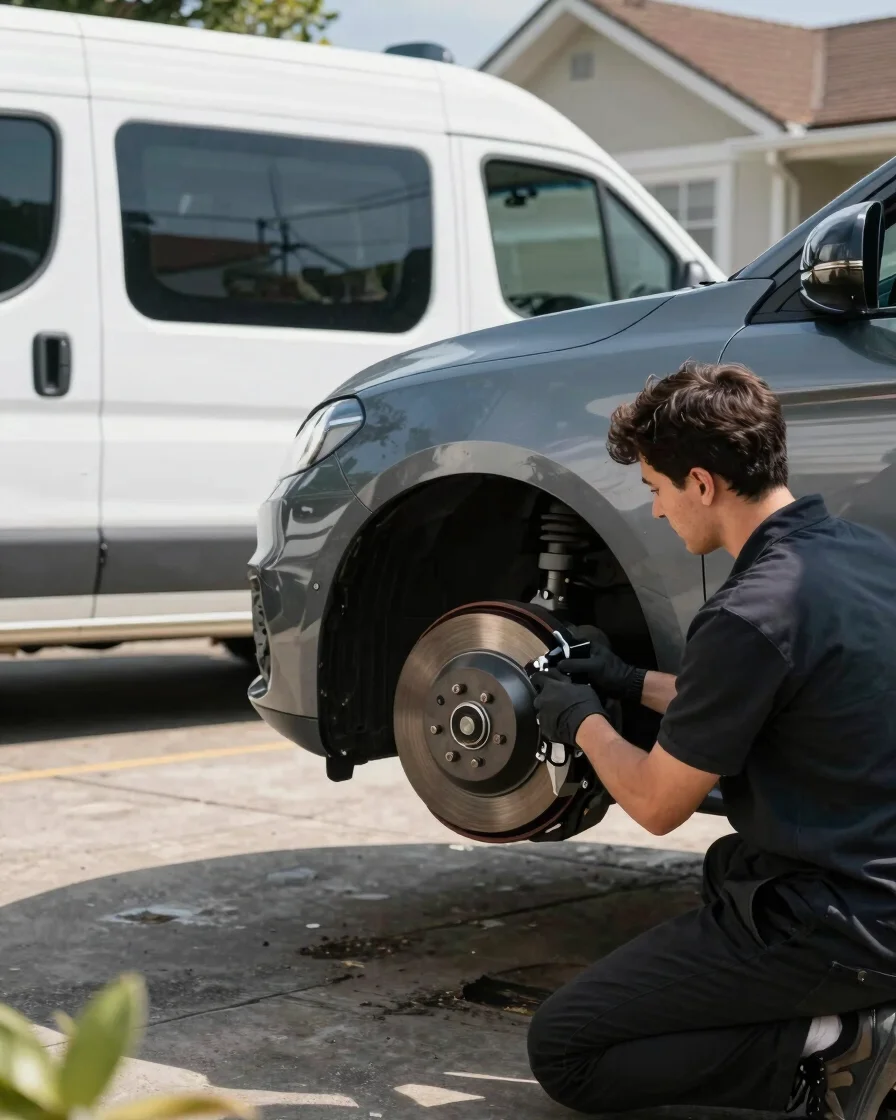 Professional automotive technician performing a brake inspection on a car in a residential driveway, mobile service van